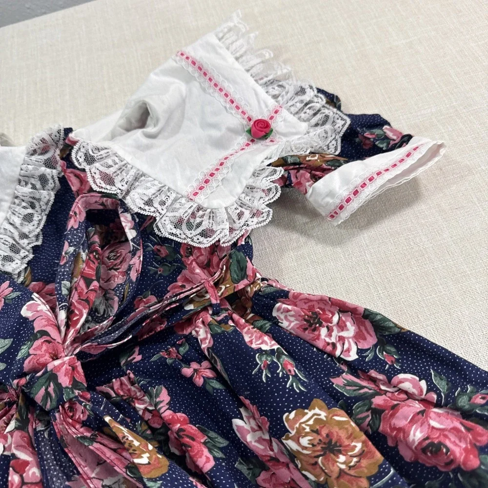 Vtg Pazazz Dress Girls 3 Prairie Floral Lace‎ Ruffle Cottagecore USA Made